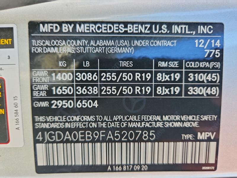 Aukcja sprzedaży 2015 Mercedes-benz Ml, vin: 4JGDA0EB9FA520785, numer aukcji: 57940996