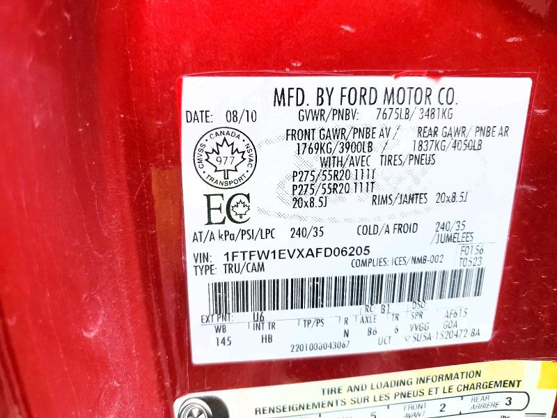 55336596 :رقم المزاد ، 1FTFW1EVXAFD06205 vin ، 2010 Ford F150 مزاد بيع