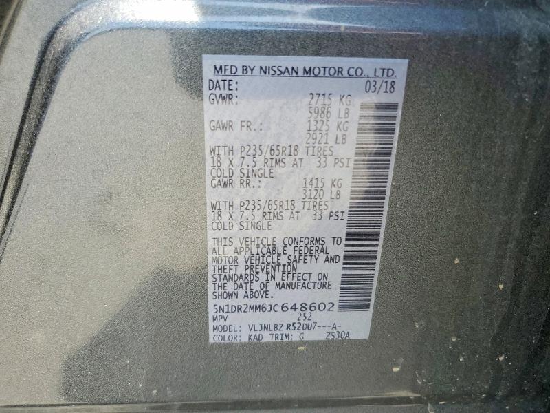 2018 Nissan Pathfinder მანქანა იყიდება აუქციონზე, vin: 5N1DR2MM6JC648602, აუქციონის ნომერი: 59117126