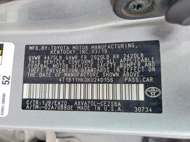 Aukcja sprzedaży 2019 Toyota Camry, vin: 4T1B11HK0KU240156, numer aukcji: 56456566