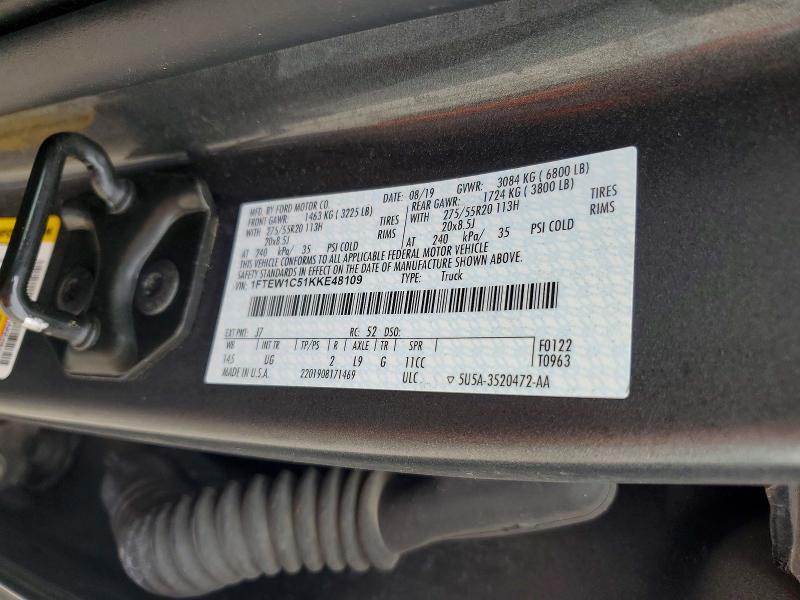 2019 Ford F150 მანქანა იყიდება აუქციონზე, vin: 1FTEW1C51KKE48109, აუქციონის ნომერი: 57706186