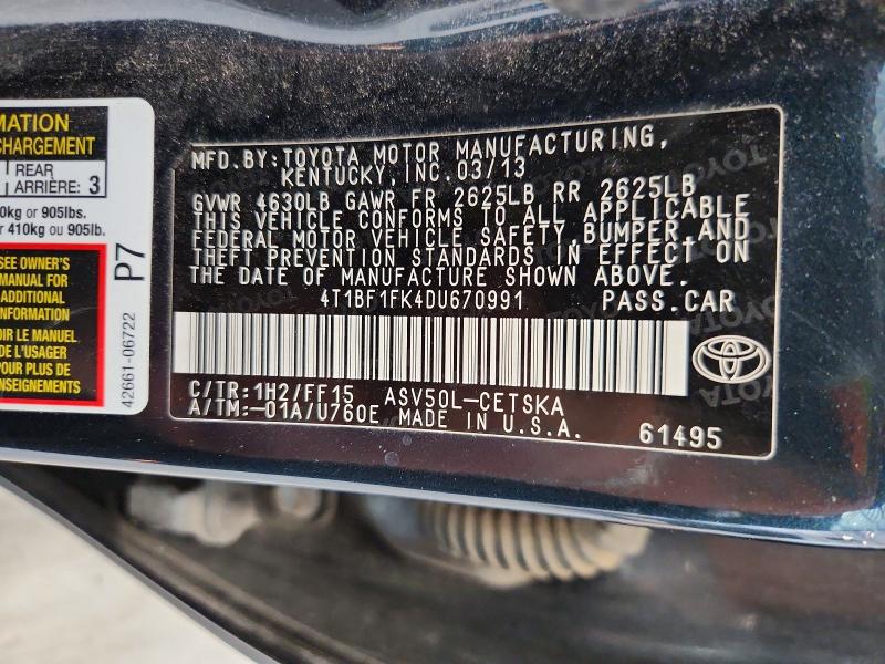 58444756 :رقم المزاد ، 4T1BF1FK4DU670991 vin ، 2013 Toyota Camry مزاد بيع