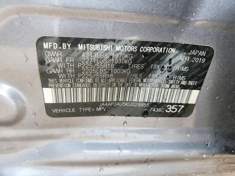 2019 Mitsubishi Outlander Sport მანქანა იყიდება აუქციონზე, vin: JA4AP3AU5KU029955, აუქციონის ნომერი: 57531616