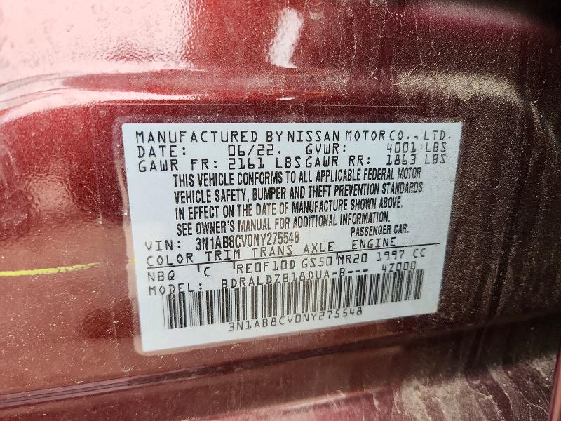 57922556 :رقم المزاد ، 3N1AB8CV0NY275548 vin ، 2022 Nissan Sentra مزاد بيع