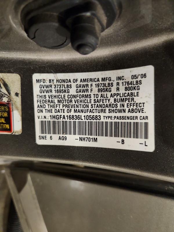 56319056 :رقم المزاد ، 1HGFA16836L105683 vin ، 2006 Honda Civic مزاد بيع