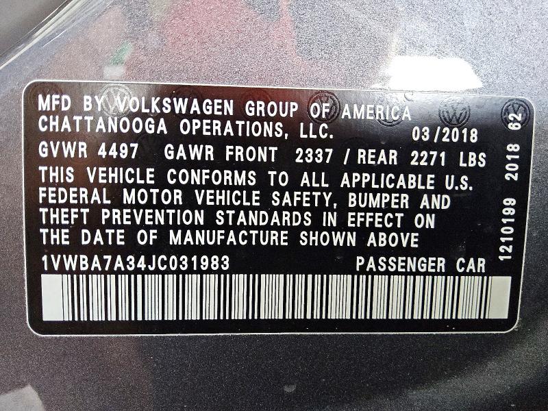 Aukcja sprzedaży 2018 Volkswagen Passat, vin: 1VWBA7A34JC031983, numer aukcji: 58163286