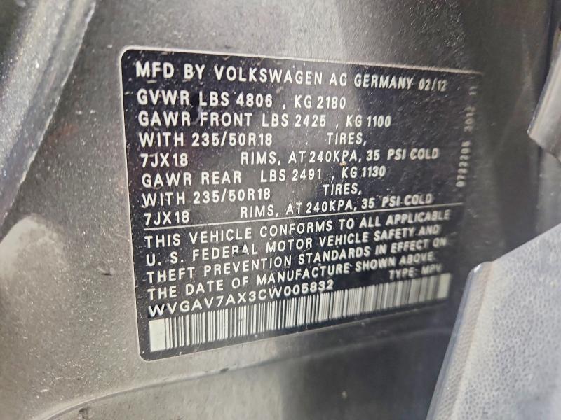 58683196 :رقم المزاد ، WVGAV7AX3CW005832 vin ، 2012 Volkswagen Tiguan مزاد بيع