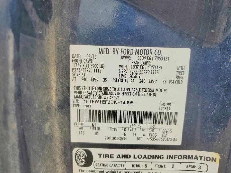2013 Ford F150 მანქანა იყიდება აუქციონზე, vin: 1FTFW1EF2DKF14096, აუქციონის ნომერი: 57542186
