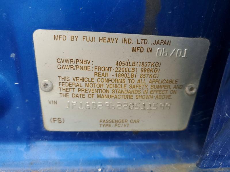 Продажа на аукционе авто 2002 Subaru Impreza, vin: JF1GD29622G511599, номер лота: 55868526