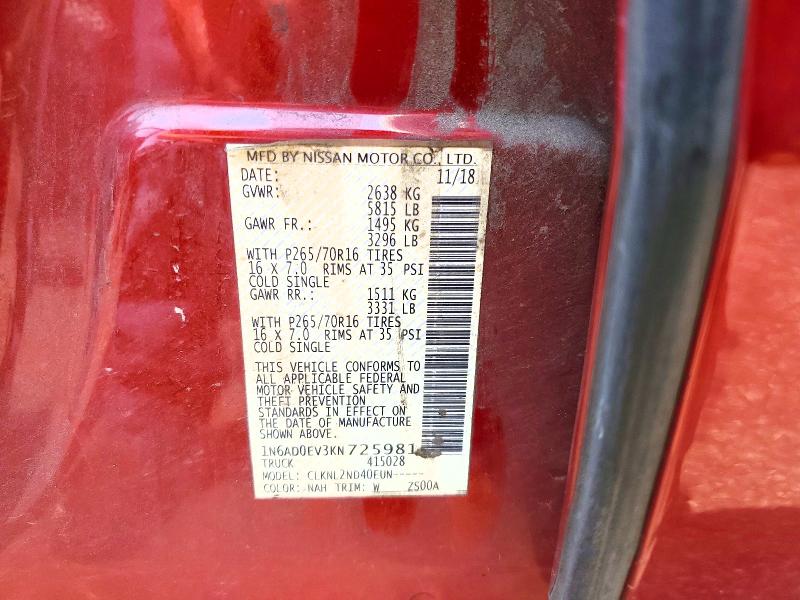 58156926 :رقم المزاد ، 1N6AD0EV3KN725981 vin ، 2019 Nissan Frontier مزاد بيع