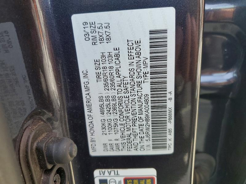 Продаж на аукціоні авто 2019 Honda Cr-v, vin: 5J6RW2H89KA004809, номер лоту: 56367016