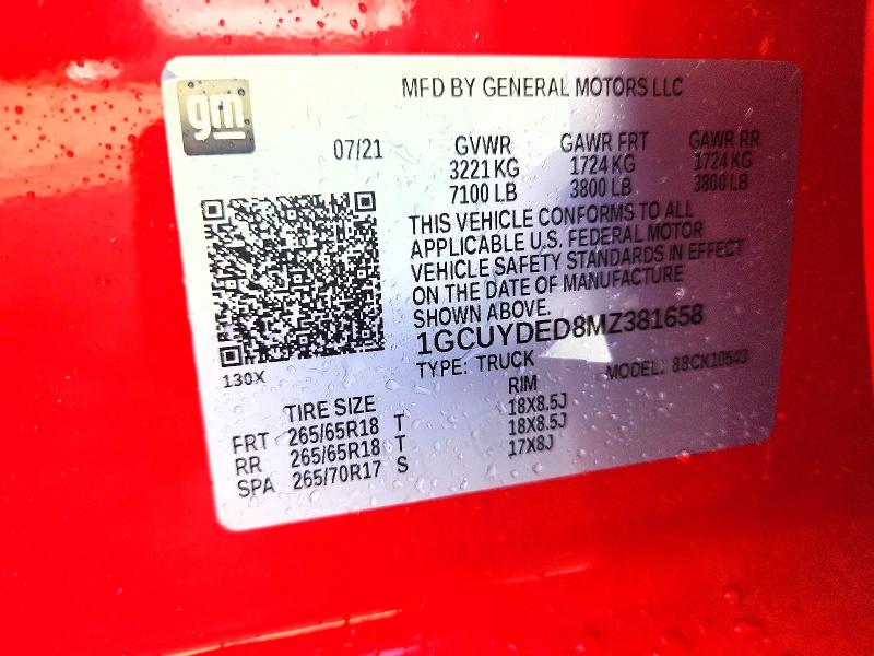 Aukcja sprzedaży 2021 Chevrolet Silverado, vin: 1GCUYDED8MZ381658, numer aukcji: 58760936