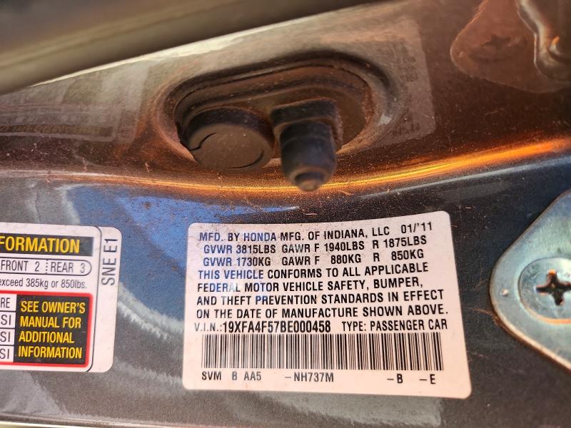 58327686 :رقم المزاد ، 19XFA4F57BE000458 vin ، 2011 Honda Civic مزاد بيع