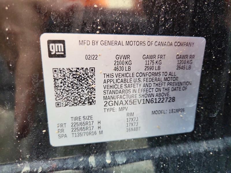58694746 :رقم المزاد ، 2GNAX5EV1N6122728 vin ، 2022 Chevrolet Equinox مزاد بيع