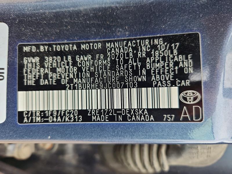 2018 Toyota Corolla მანქანა იყიდება აუქციონზე, vin: 2T1BURHE9JC007103, აუქციონის ნომერი: 56353926