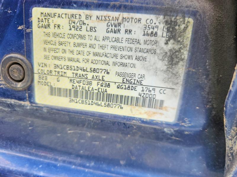Продаж на аукціоні авто 2006 Nissan Sentra, vin: 3N1CB51D46L580776, номер лоту: 58370736