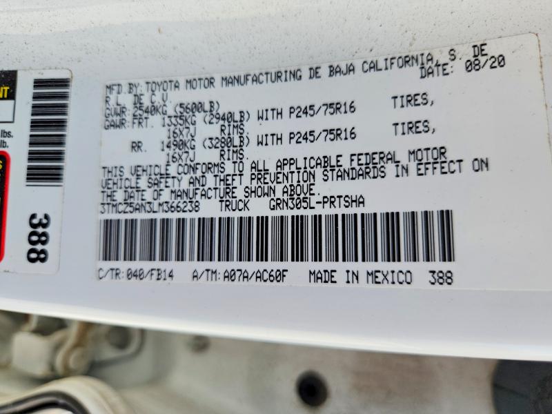 56093106 :رقم المزاد ، 3TMCZ5AN3LM366238 vin ، 2020 Toyota Tacoma مزاد بيع