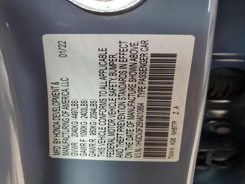 57336876 :رقم المزاد ، 1HGCV3F25NA010664 vin ، 2022 Honda Accord مزاد بيع