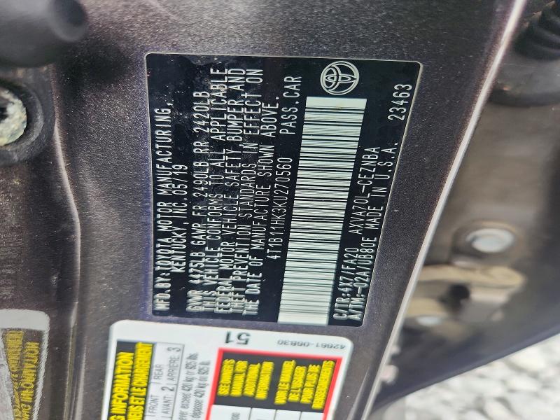 58189326 :رقم المزاد ، 4T1B11HK3KU270560 vin ، 2019 Toyota Camry مزاد بيع