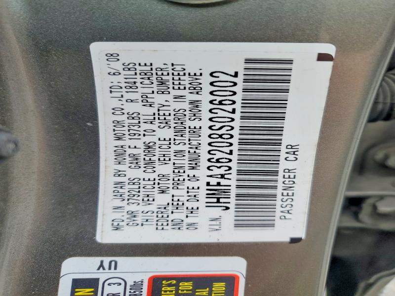 Aukcja sprzedaży 2008 Honda Civic, vin: JHMFA36208S026002, numer aukcji: 58952766
