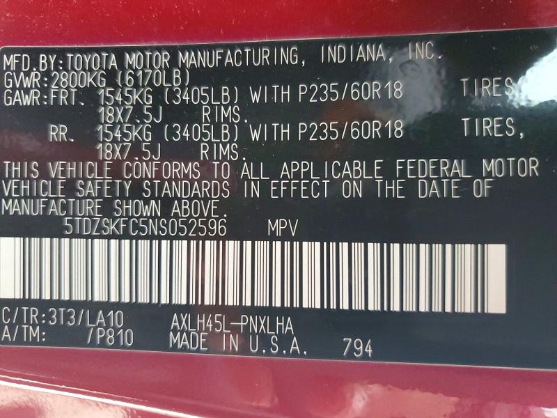 2022 Toyota Sienna მანქანა იყიდება აუქციონზე, vin: 5TDZSKFC5NS052596, აუქციონის ნომერი: 57608546