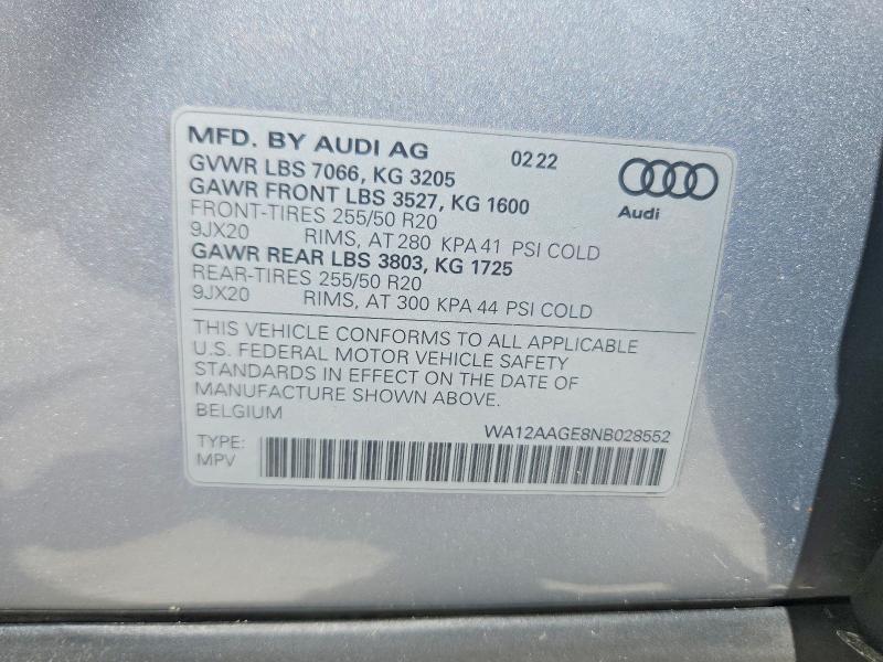 2022 Audi E-tron მანქანა იყიდება აუქციონზე, vin: WA12AAGE8NB028552, აუქციონის ნომერი: 55925216