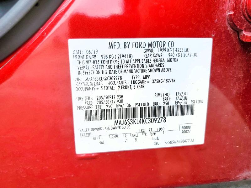 2019 Ford Ecosport მანქანა იყიდება აუქციონზე, vin: MAJ6S3KL4KC309278, აუქციონის ნომერი: 56038976