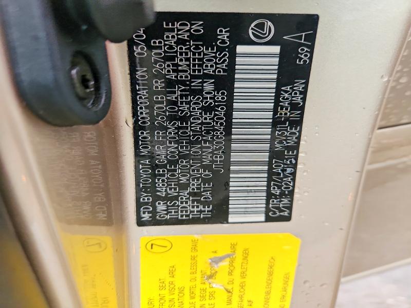 2004 Lexus Es მანქანა იყიდება აუქციონზე, vin: JTHBA30G845046185, აუქციონის ნომერი: 57254966