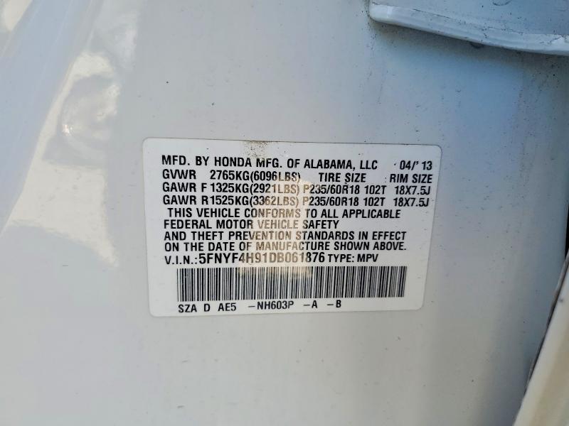 58569346 :رقم المزاد ، 5FNYF4H91DB061876 vin ، 2013 Honda Pilot مزاد بيع