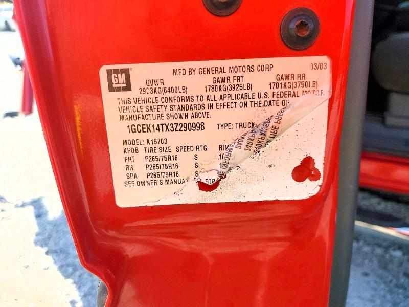 2003 Chevrolet Silverado მანქანა იყიდება აუქციონზე, vin: 1GCEK14TX3Z290998, აუქციონის ნომერი: 57369306