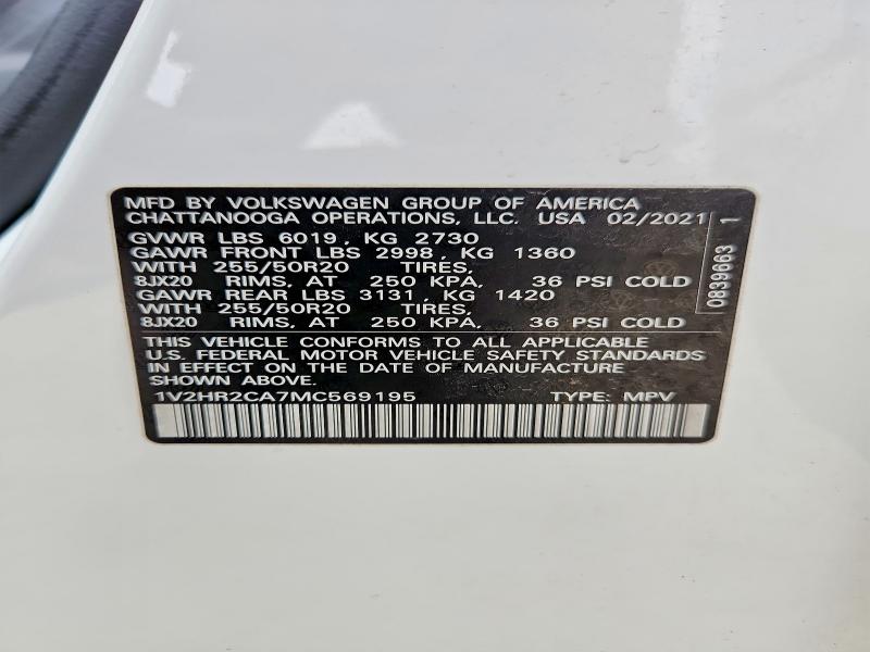 55472016 :رقم المزاد ، 1V2HR2CA7MC569195 vin ، 2021 Volkswagen Atlas مزاد بيع