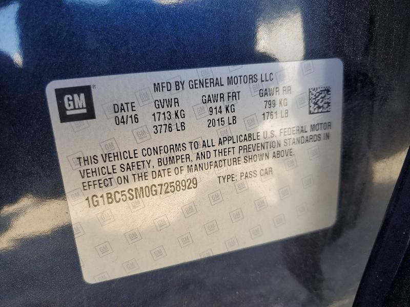 2016 Chevrolet Cruze მანქანა იყიდება აუქციონზე, vin: 1G1BC5SM0G7258929, აუქციონის ნომერი: 56356226
