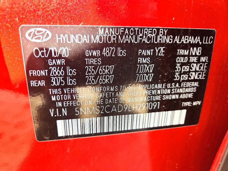 2020 Hyundai Santa Fe მანქანა იყიდება აუქციონზე, vin: 5NMS2CAD9LH291091, აუქციონის ნომერი: 56331806