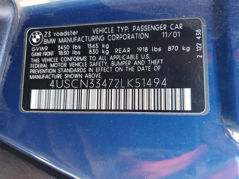 Продажа на аукционе авто 2002 Bmw Z3, vin: 4USCN33472LK51494, номер лота: 58559826