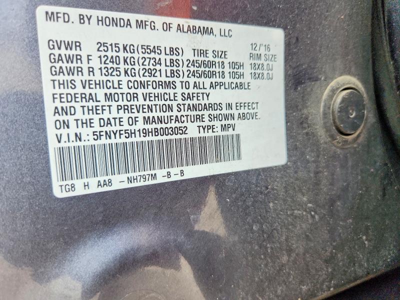 2017 Honda Pilot მანქანა იყიდება აუქციონზე, vin: 5FNYF5H19HB003052, აუქციონის ნომერი: 57178786