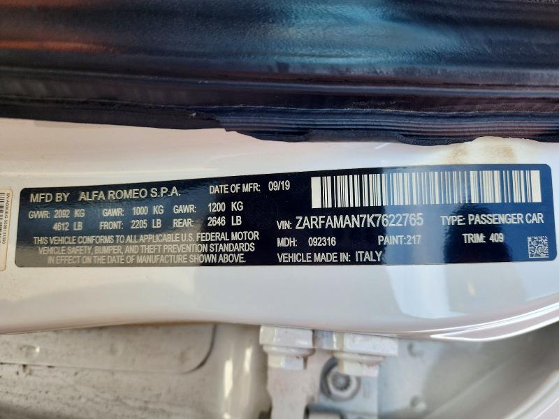 Aukcja sprzedaży 2019 Alfa Romeo Giulia, vin: ZARFAMAN7K7622765, numer aukcji: 59016596