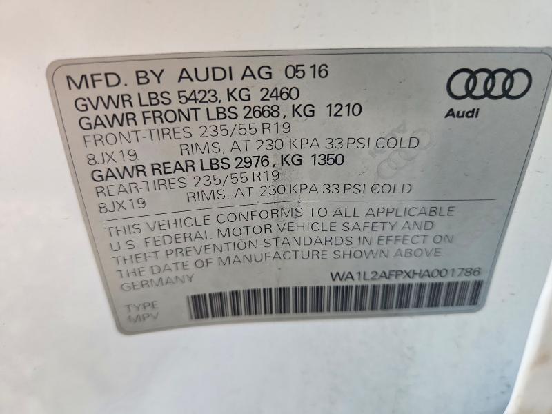 2017 Audi Q5 მანქანა იყიდება აუქციონზე, vin: WA1L2AFPXHA001786, აუქციონის ნომერი: 55468706