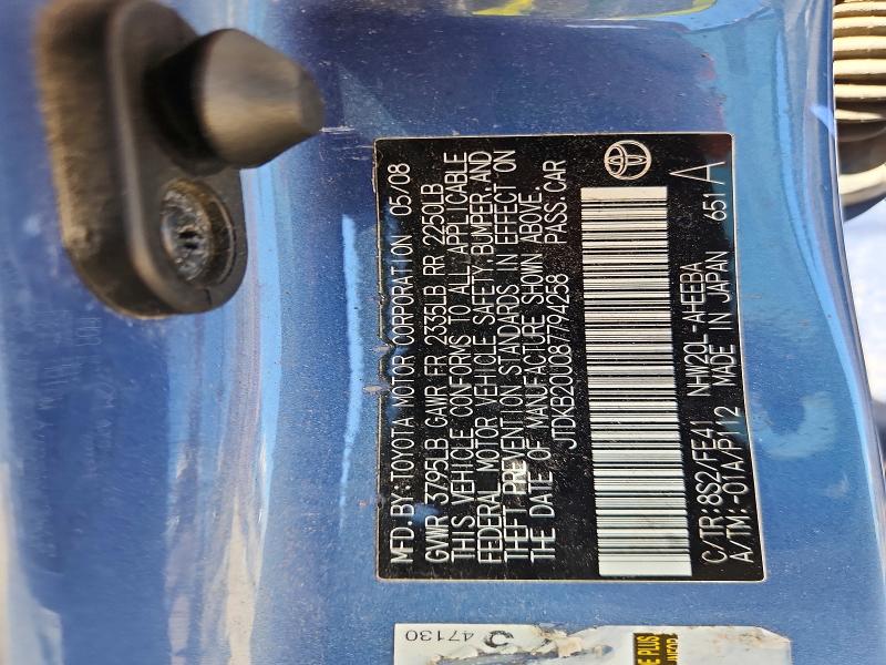 Aukcja sprzedaży 2008 Toyota Prius, vin: JTDKB20U087794258, numer aukcji: 57011136