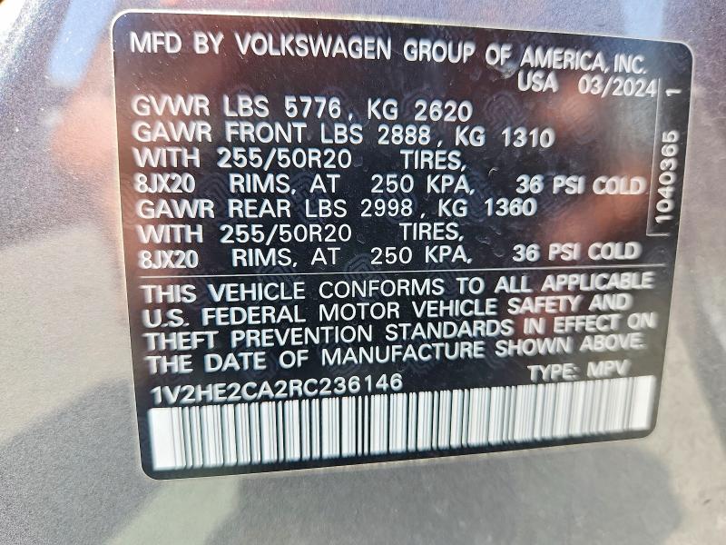 Продаж на аукціоні авто 2024 Volkswagen Atlas Cross Sport, vin: 1V2HE2CA2RC236146, номер лоту: 58009646
