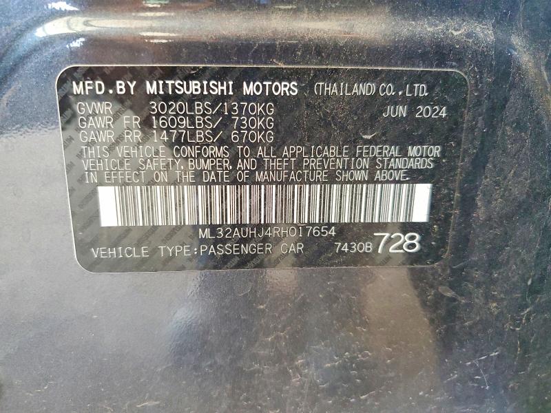 2024 Mitsubishi Mirage მანქანა იყიდება აუქციონზე, vin: ML32AUHJ4RH017654, აუქციონის ნომერი: 58272496