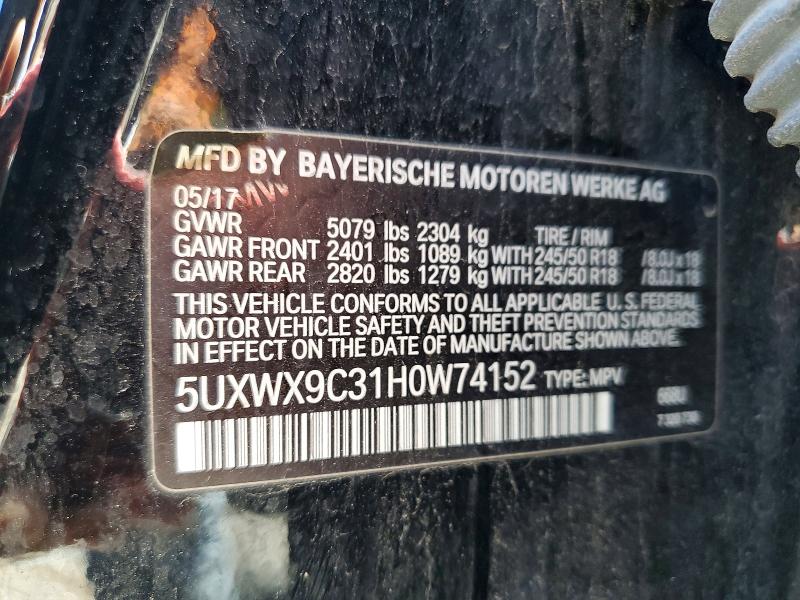 Aukcja sprzedaży 2017 Bmw X3, vin: 5UXWX9C31H0W74152, numer aukcji: 58075236
