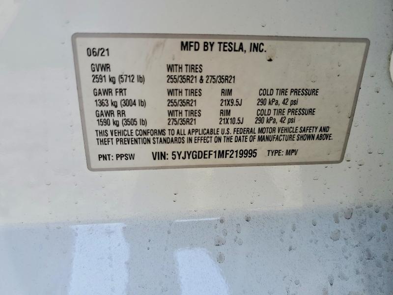 55653136 :رقم المزاد ، 5YJYGDEF1MF219995 vin ، 2021 Tesla Model Y مزاد بيع
