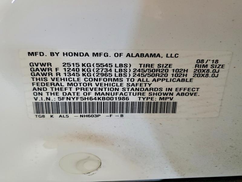 2019 Honda Pilot მანქანა იყიდება აუქციონზე, vin: 5FNYF5H64KB001986, აუქციონის ნომერი: 56849336