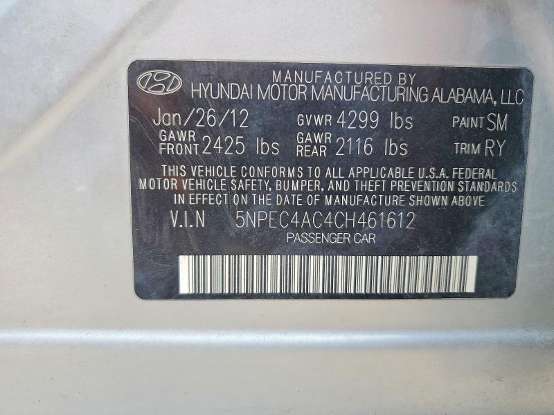 2012 Hyundai Sonata მანქანა იყიდება აუქციონზე, vin: 5NPEC4AC4CH461612, აუქციონის ნომერი: 55187096