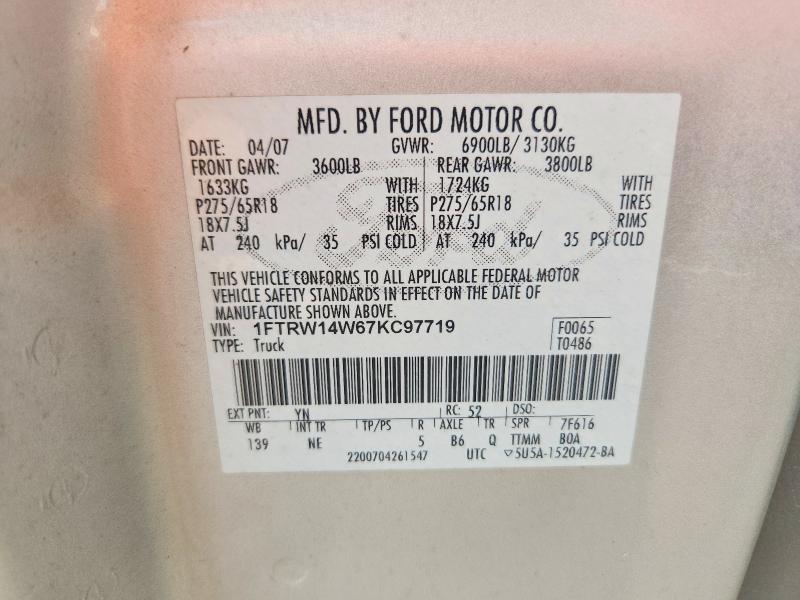 Aukcja sprzedaży 2007 Ford F150, vin: 1FTRW14W67KC97719, numer aukcji: 55896726
