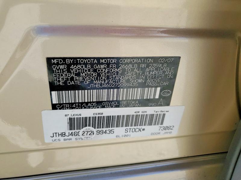 Aukcja sprzedaży 2007 Lexus Es, vin: JTHBJ46G272099435, numer aukcji: 55763776