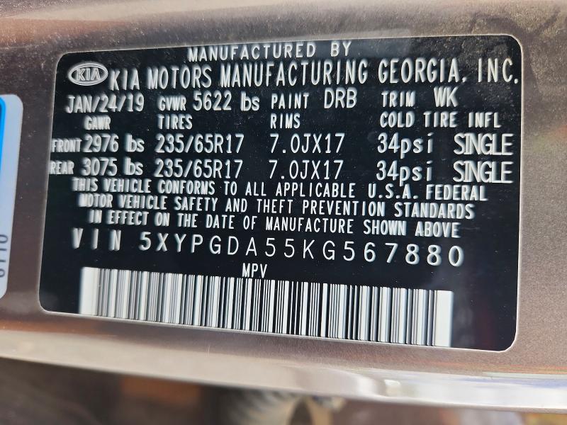 55624396 :رقم المزاد ، 5XYPGDA55KG567880 vin ، 2019 Kia Sorento مزاد بيع
