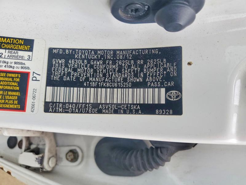 2012 Toyota Camry მანქანა იყიდება აუქციონზე, vin: 4T1BF1FK8CU615250, აუქციონის ნომერი: 57220226