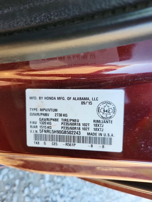 2016 Honda Odyssey მანქანა იყიდება აუქციონზე, vin: 5FNRL5H90GB502243, აუქციონის ნომერი: 53001076