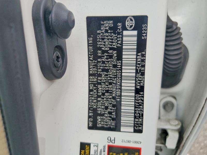 56841296 :رقم المزاد ، 4T1BD1FK0CU051485 vin ، 2012 Toyota Camry Hybrid مزاد بيع